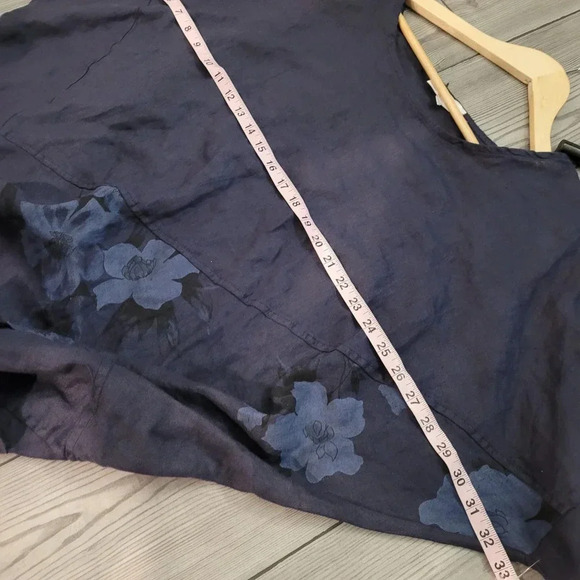 Lin Pour L'autre Women's Blouse Top Size 50 Blue 100% Linen Floral Roll Sleeves - Picture 7 of 10